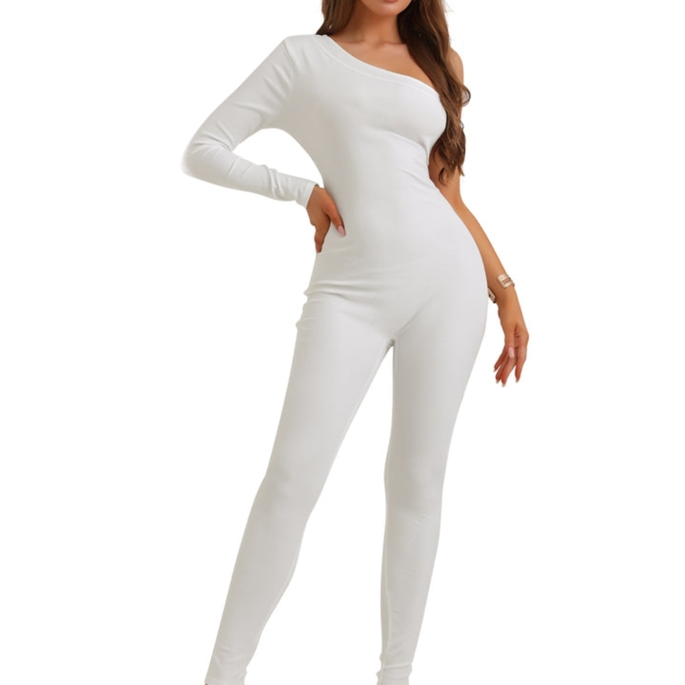 Allegra K White One-Shoulder Jumpsuit